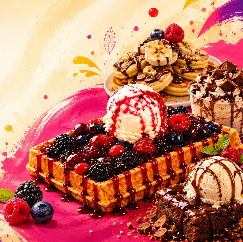 Waffel mit Schokolade, Kinder-Produkten und Eis